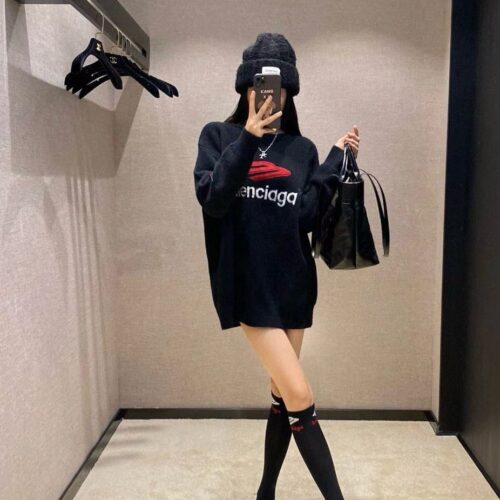 Balenciaga Round Neck Black Long Sweater With Matching Long Socks