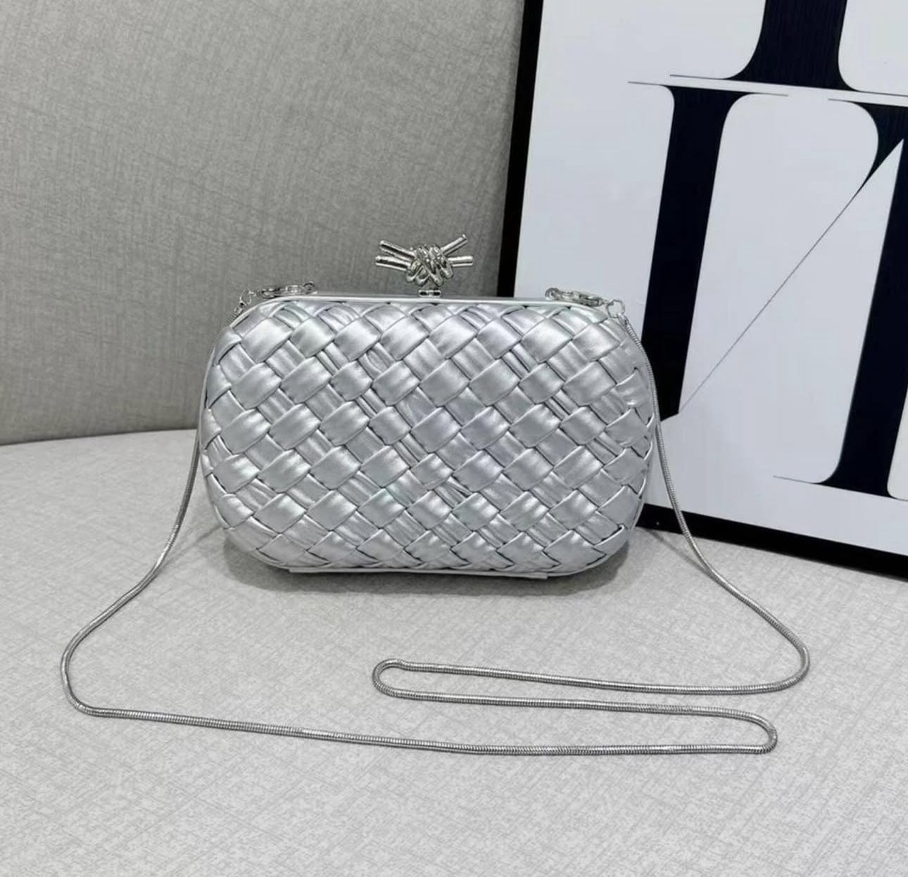 Bottega Venetta Knot Silver Clutch (With Box)
