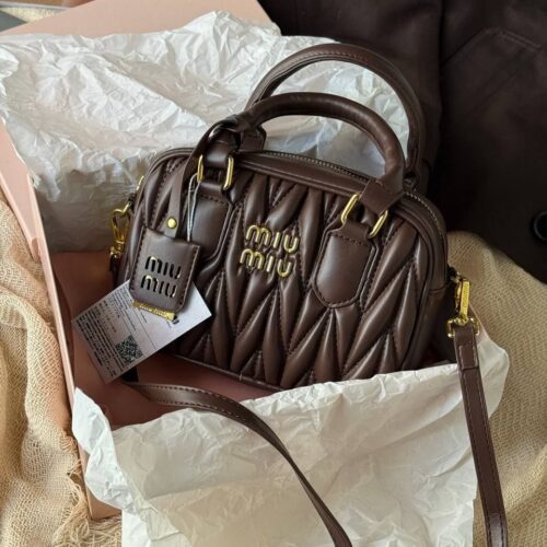 Miu Miu Arcadie Matlasse Nappa Coffee Bowling Bag (With Box)